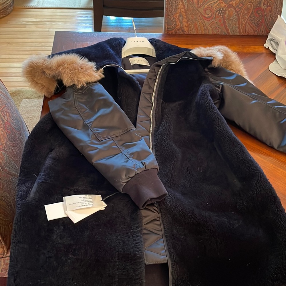Liven moire lamb shearling + luxury nylon parka